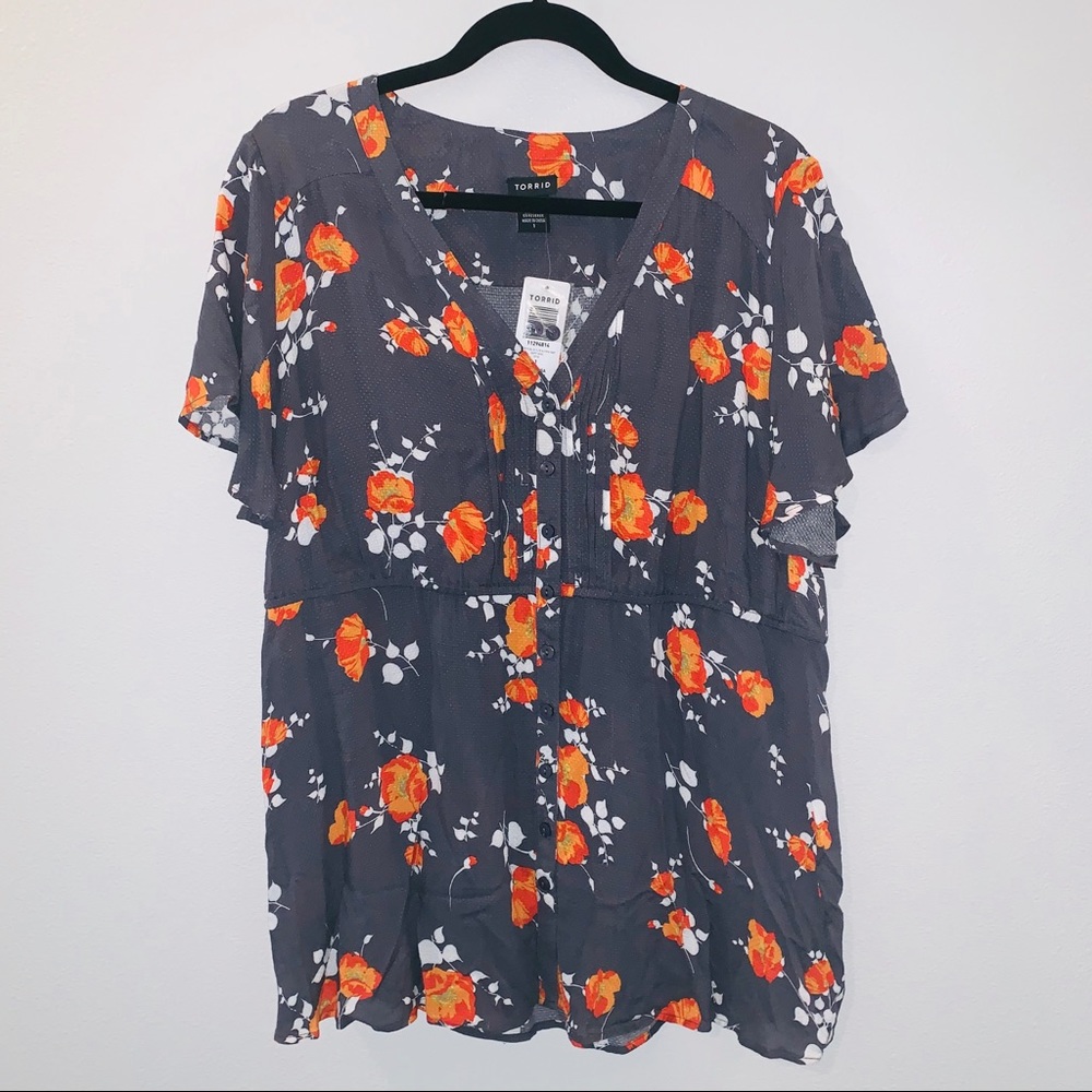 Torrid Plus Size Grey Floral Flutter Sleeve Blouse